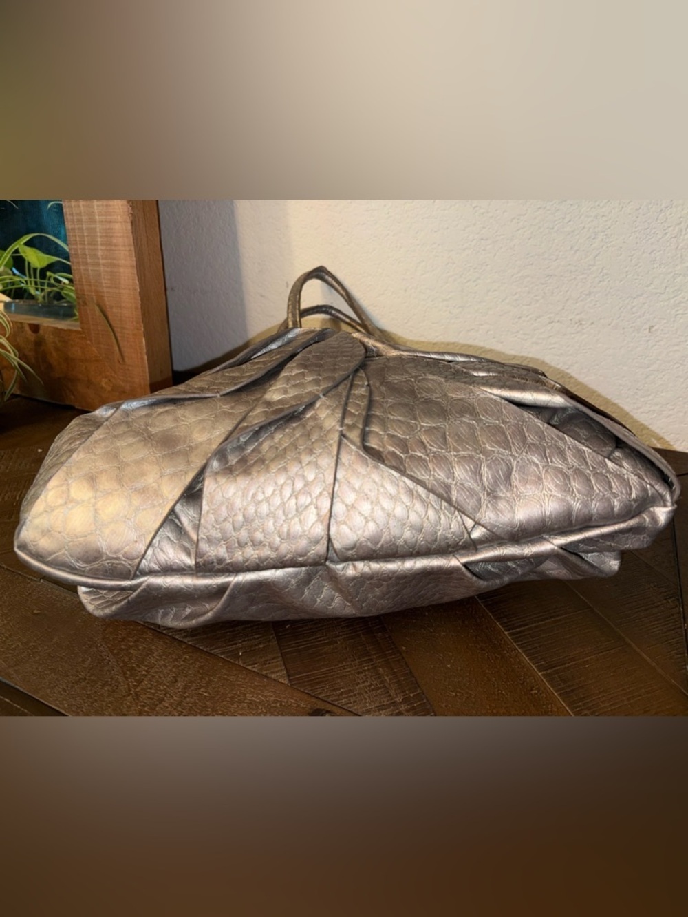 Jessica Simpson Metallic Croc Embossed Bow Satchel Tote Bag - Picture 6 of 13